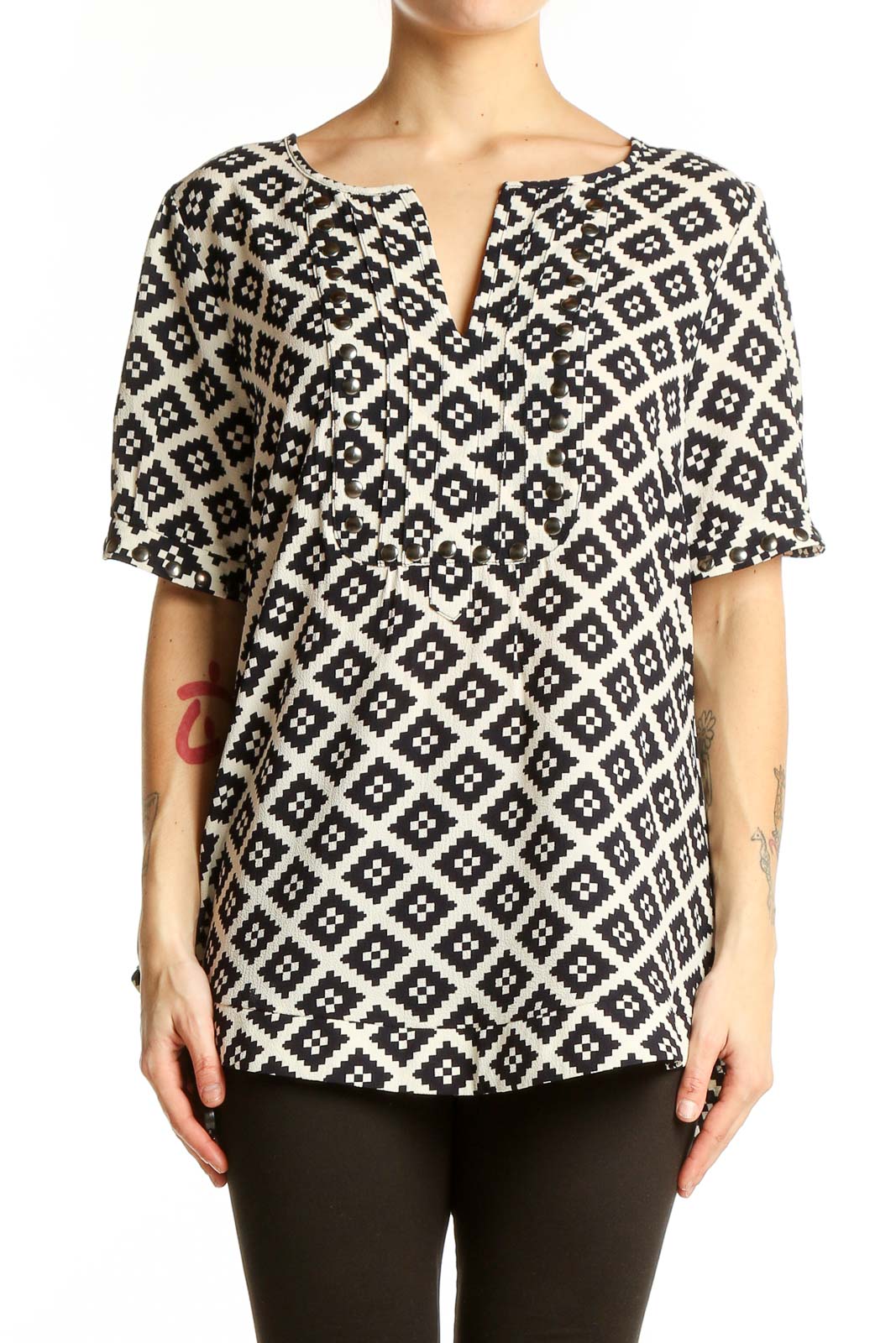 Front view of 41 Hawthorn Black and White Geometric Print Tunic Top
