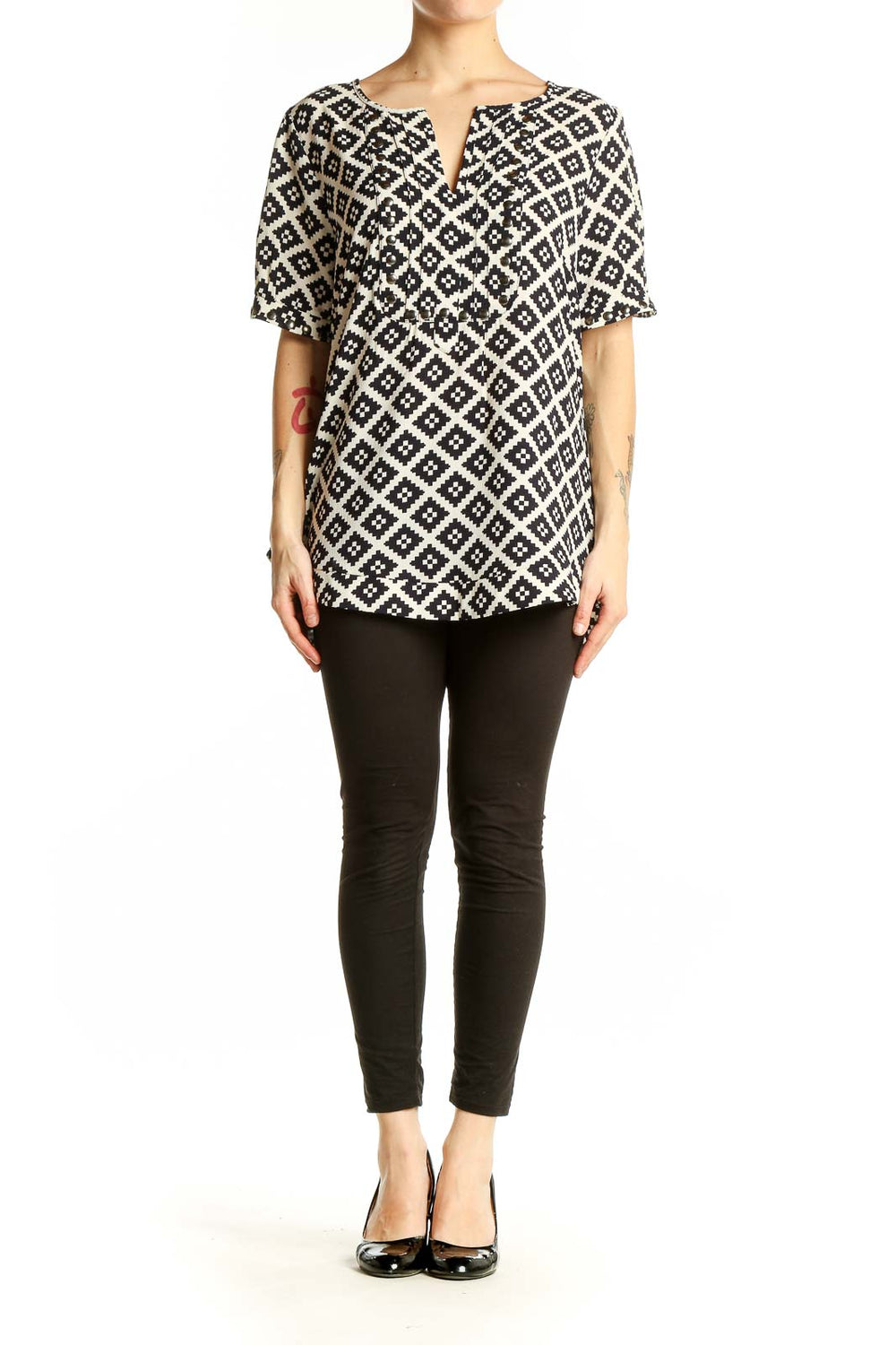 Front view of 41 Hawthorn Black and White Geometric Print Tunic Top