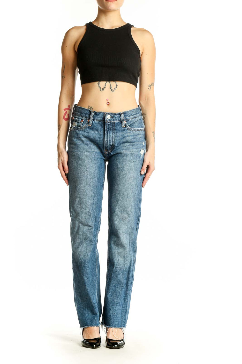 Front view of Gap blue straight leg jeans with distressed details