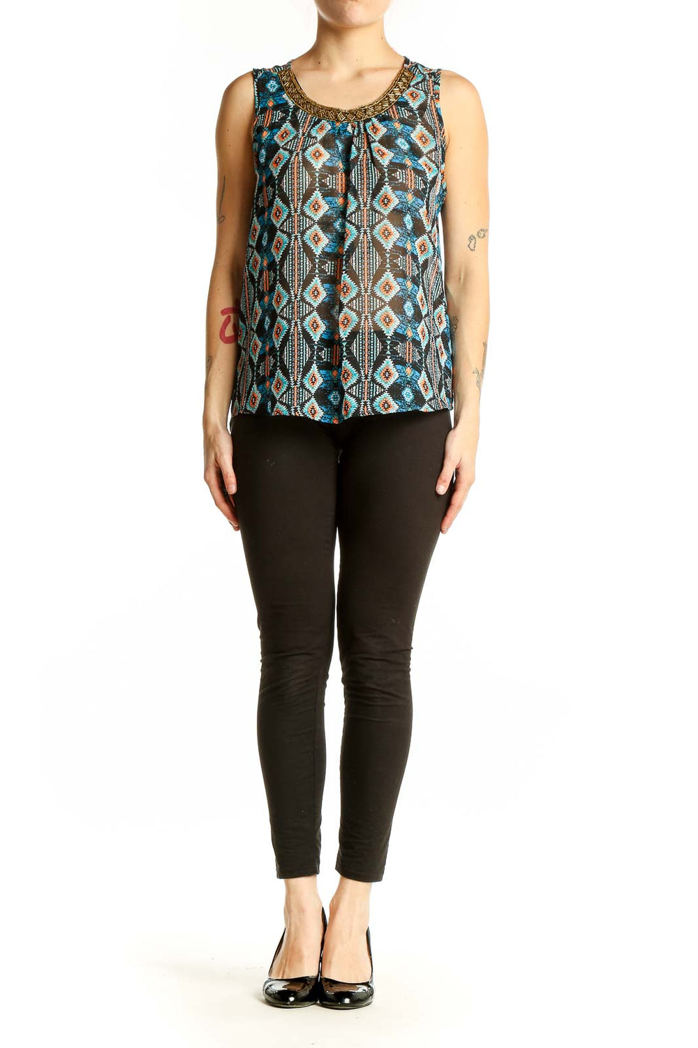 Front view of Papermoon blue geometric print sleeveless top with beaded neckline