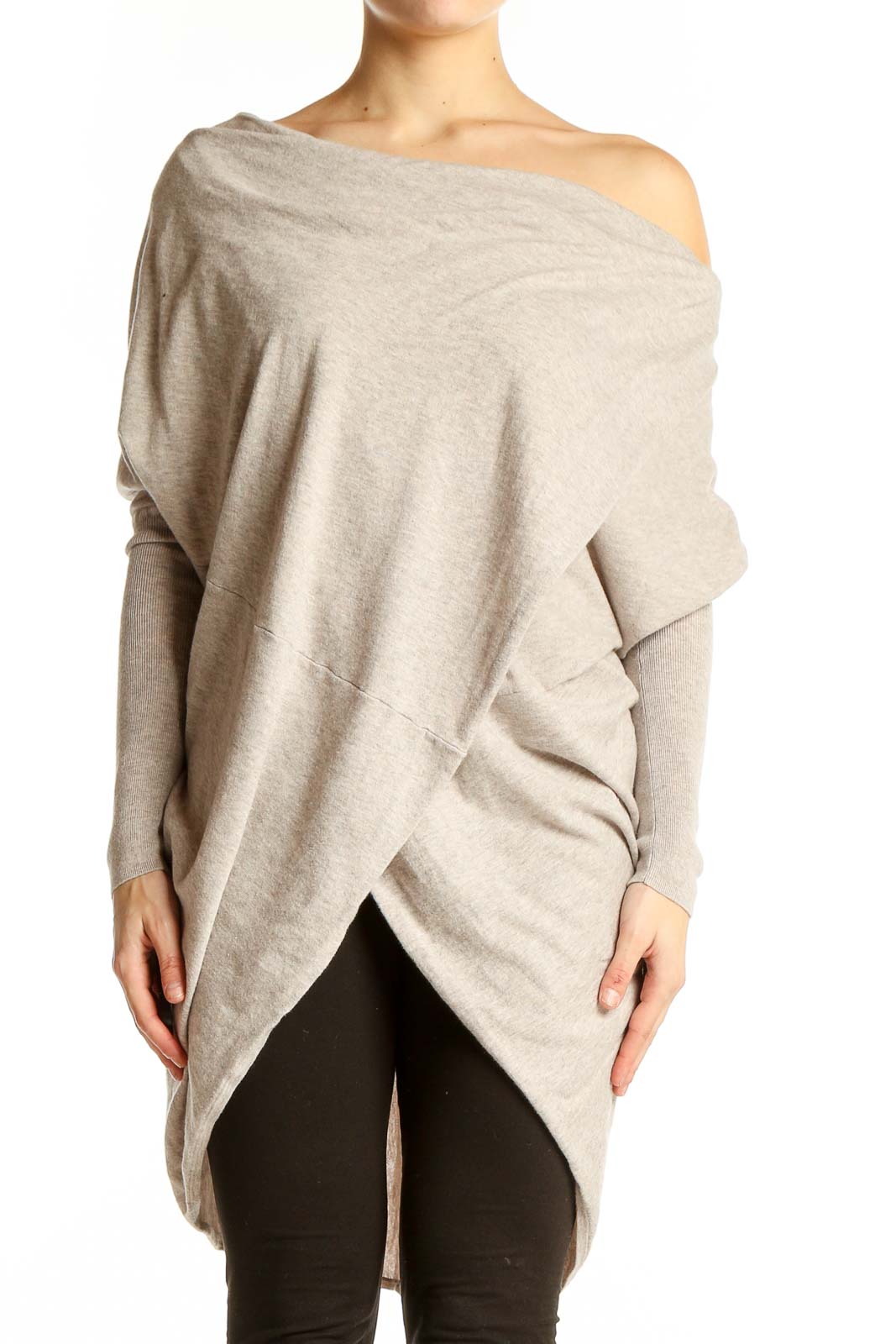 Front view of All Saints beige off-shoulder asymmetric knit sweater