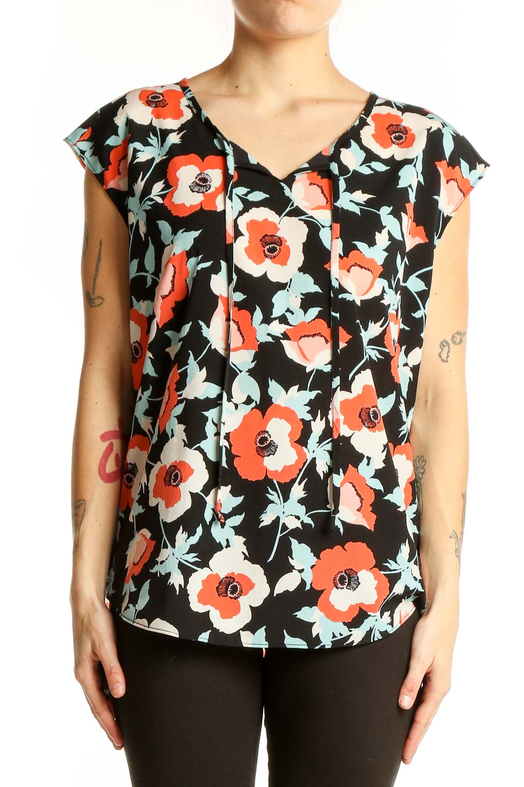 Front view of Talbots black floral print cap sleeve blouse with v-neckline
