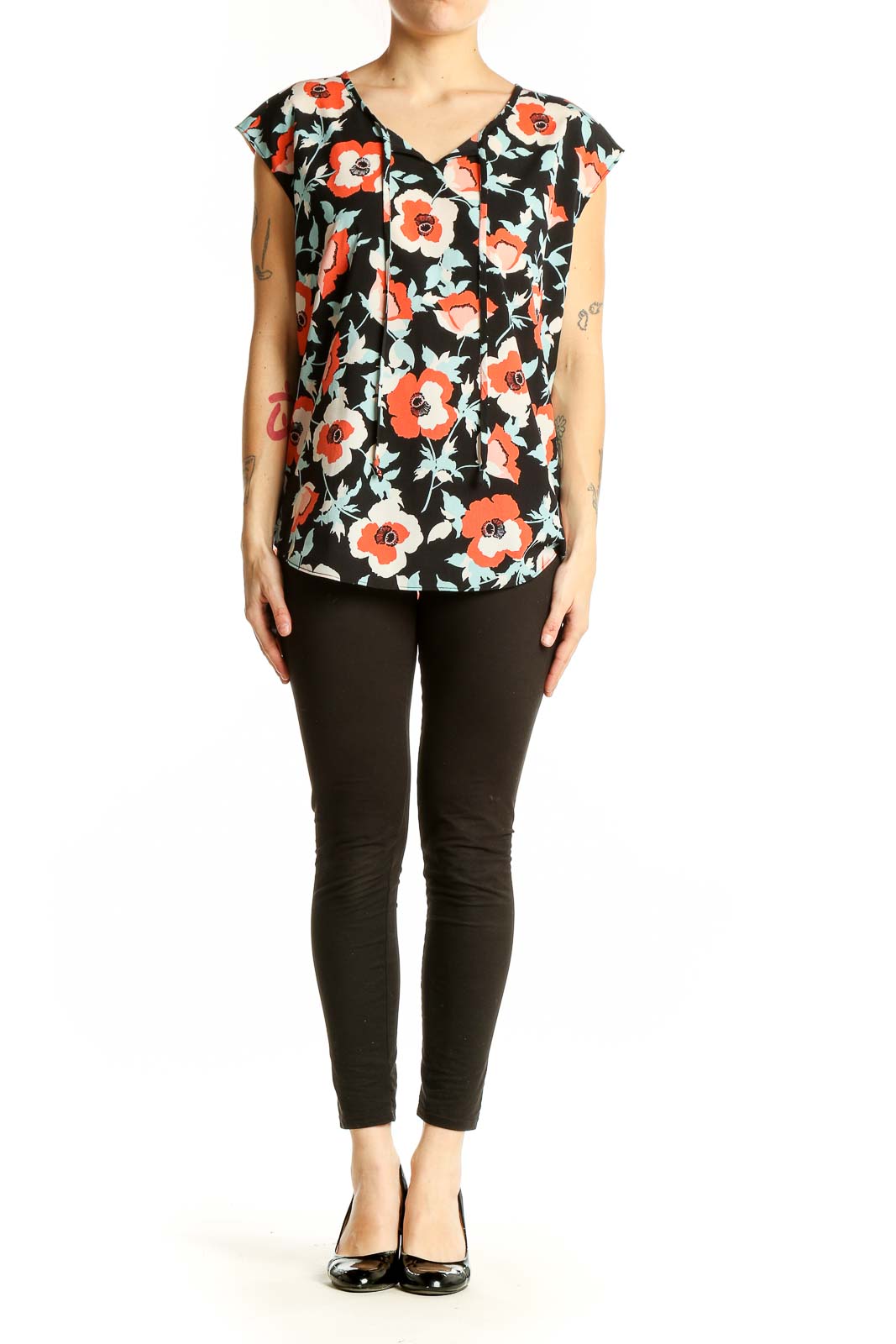 Front view of Talbots black floral print cap sleeve blouse with v-neckline