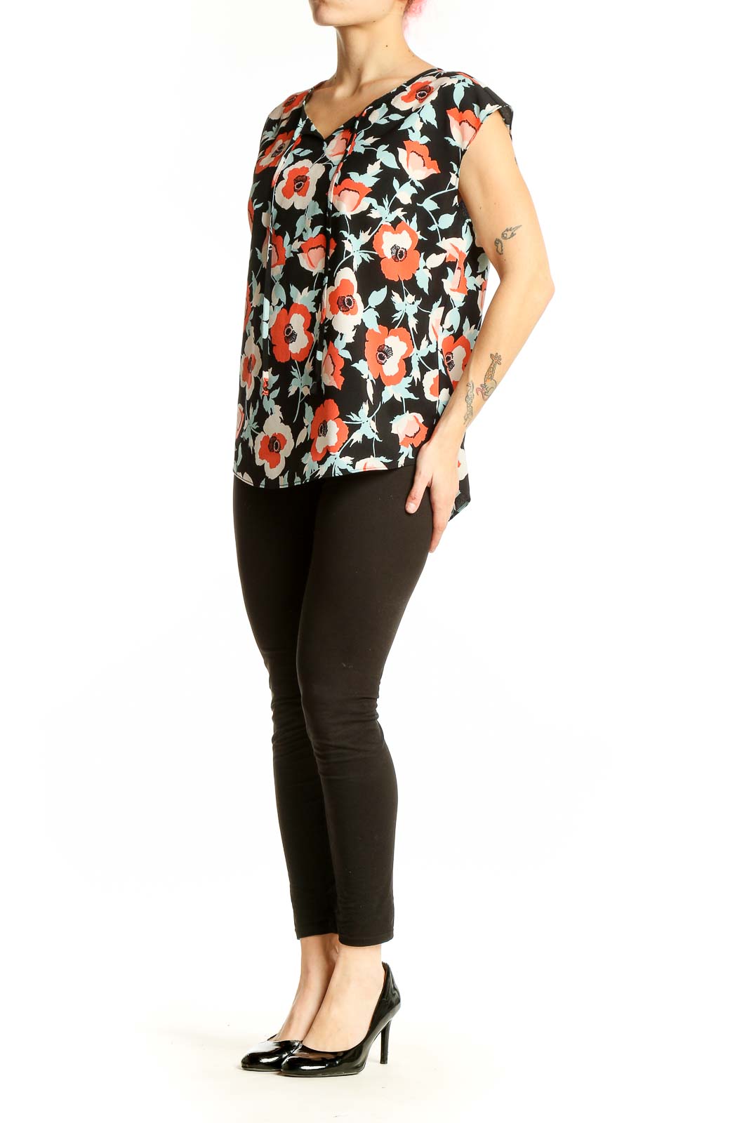 Front view of Talbots black floral print cap sleeve blouse with v-neckline