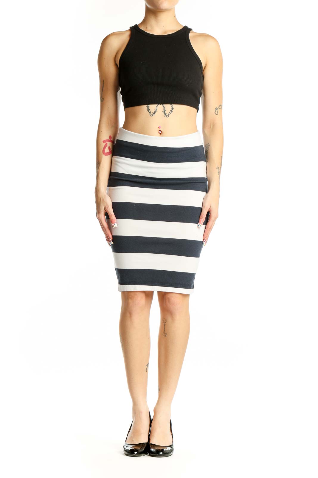 Front view of Zara Black and White Striped Pencil Skirt