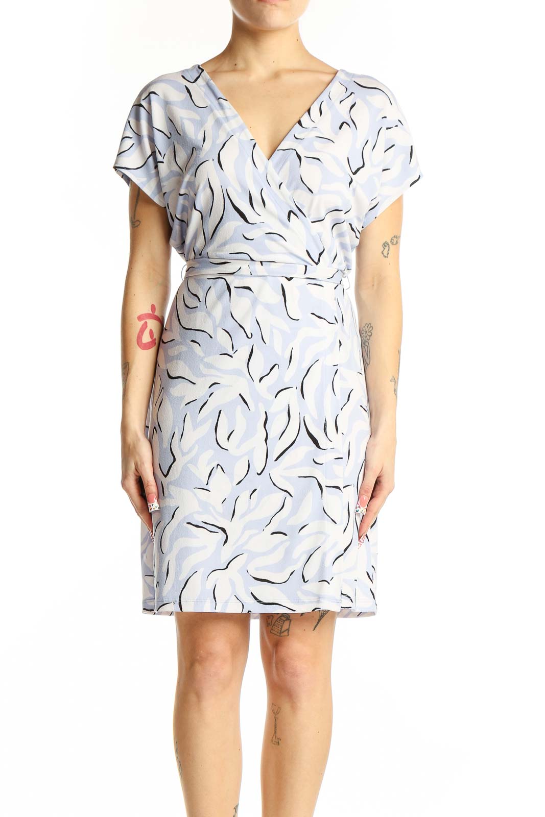 Front view of Nine West light blue abstract print wrap dress