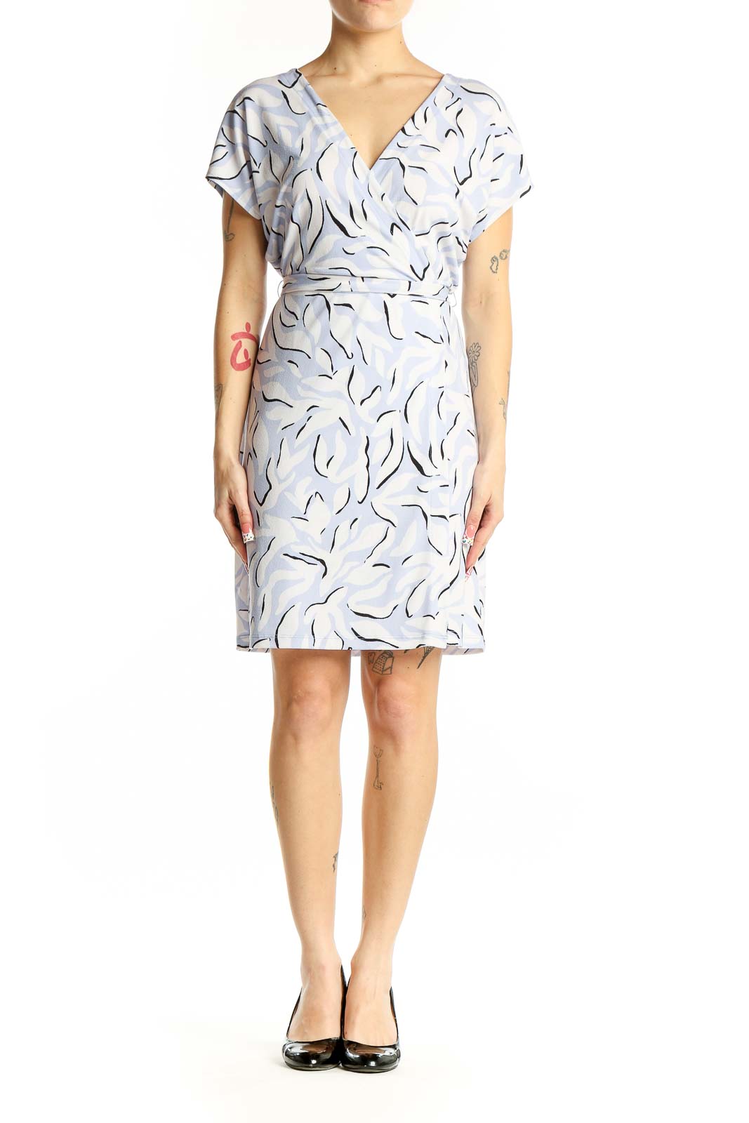 Front view of Nine West light blue abstract print wrap dress