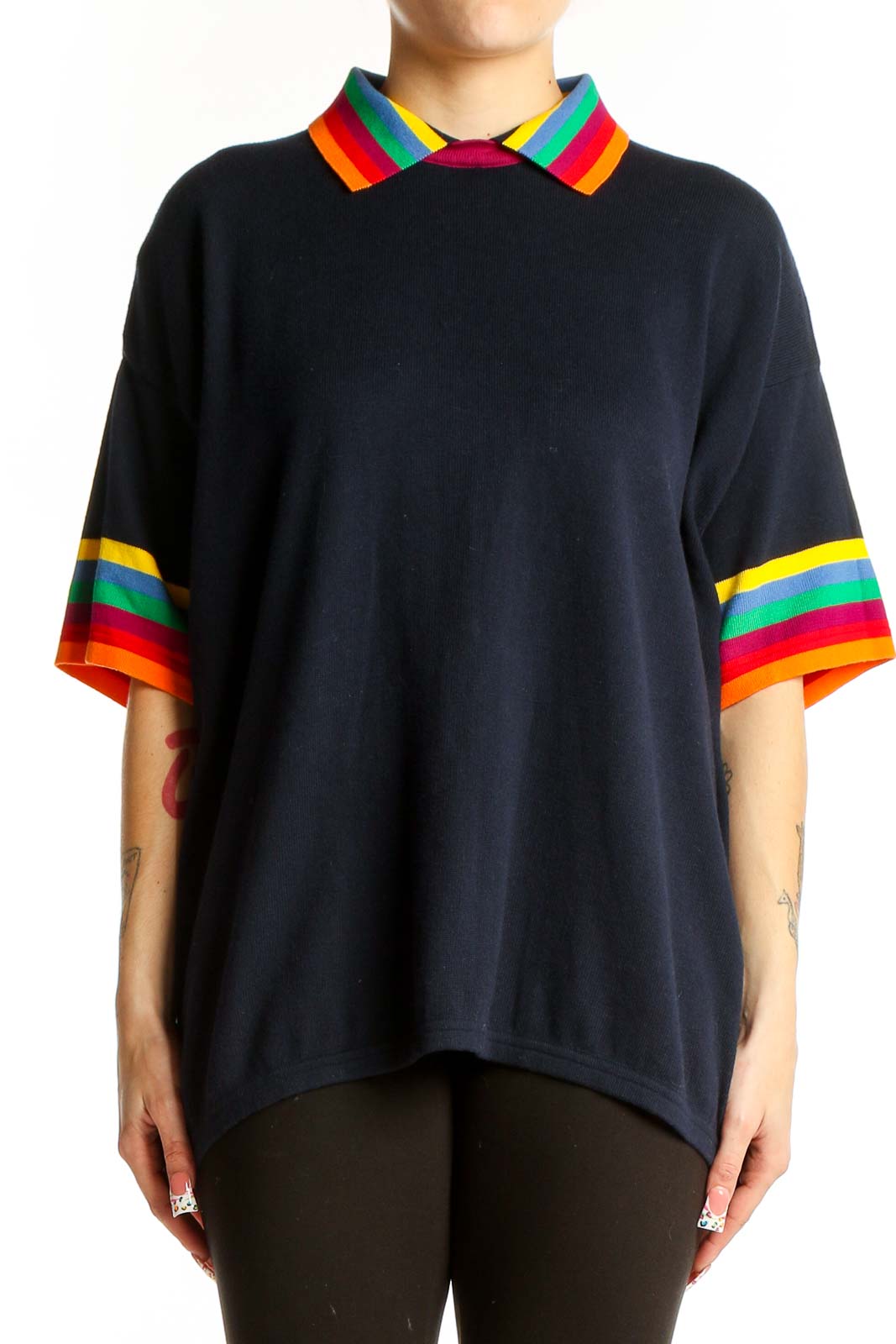 Front view of black United Colors of Benetton top with rainbow-striped collar