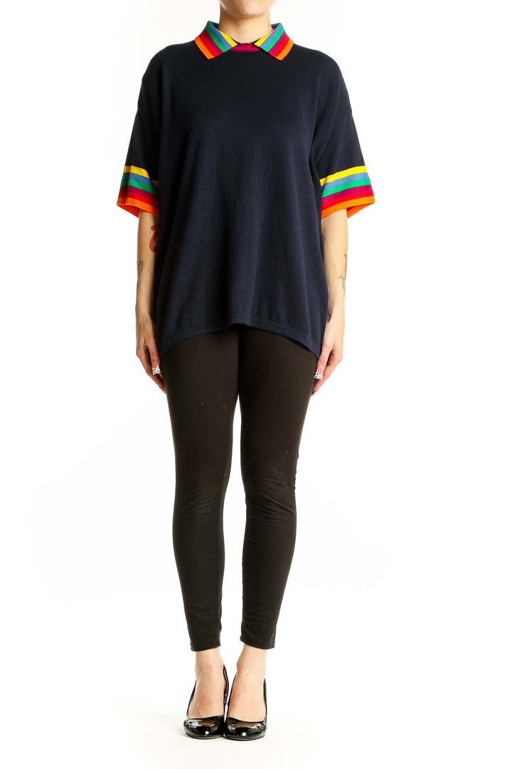 Front view of black United Colors of Benetton top with rainbow-striped collar