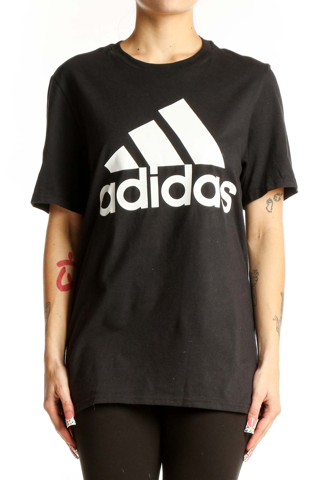 Front view of black Adidas cotton t-shirt with white logo