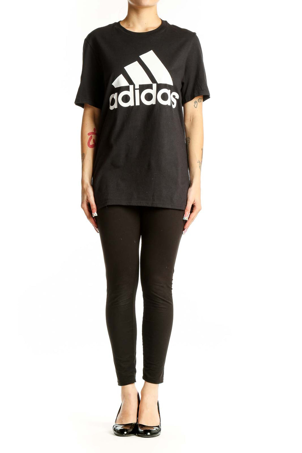 Front view of black Adidas cotton t-shirt with white logo