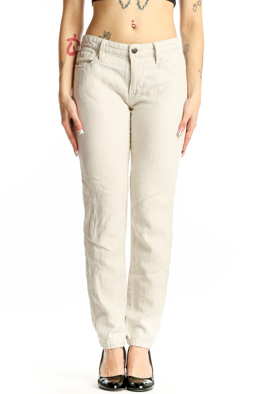 Front view of Joe's beige straight leg pants on model