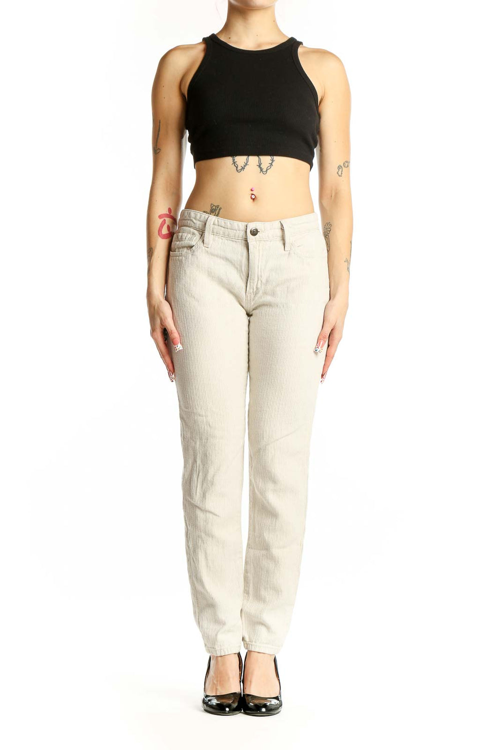 Front view of Joe's beige straight leg pants on model
