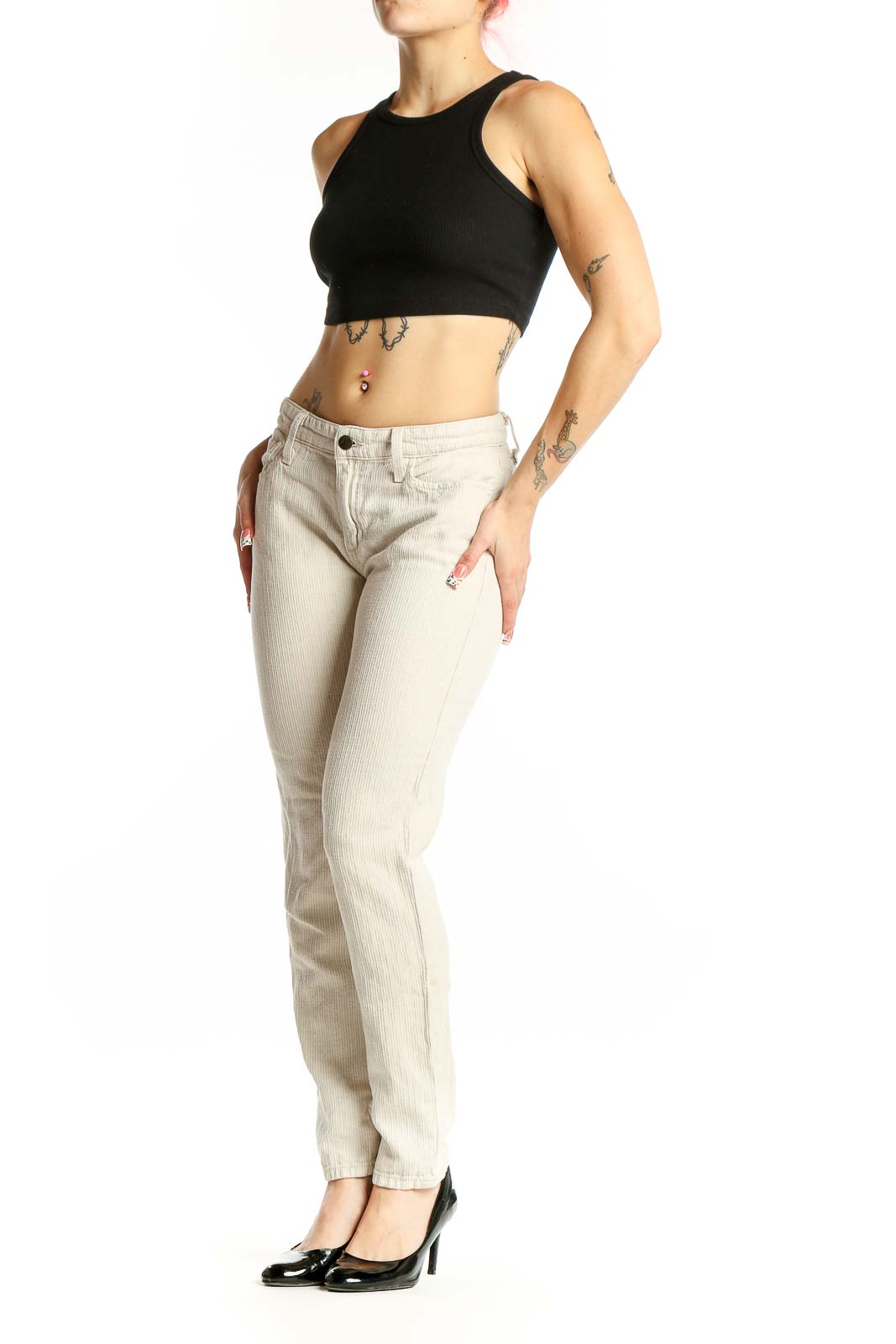 Front view of Joe's beige straight leg pants on model