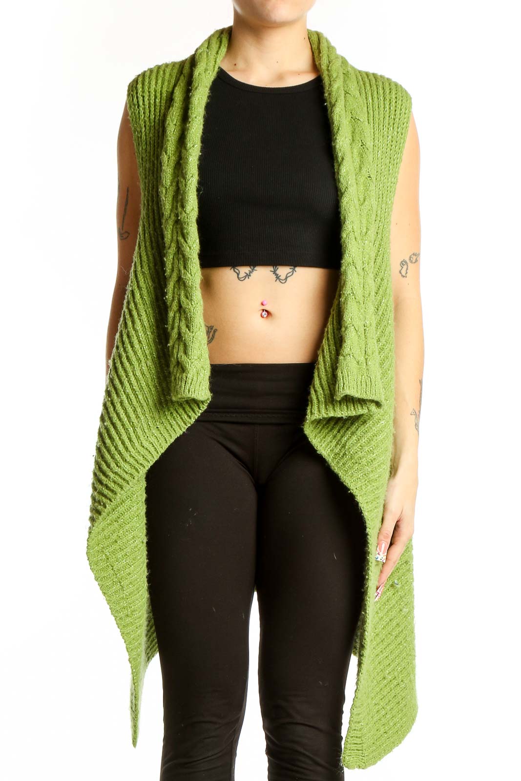 Front view of BCBG MaxAzria green sleeveless cable knit cardigan