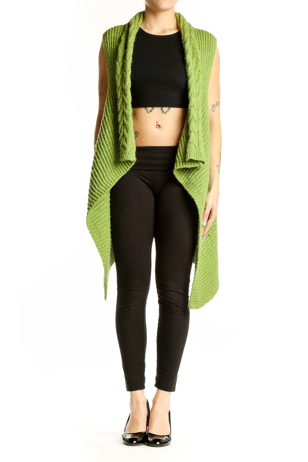 Front view of BCBG MaxAzria green sleeveless cable knit cardigan