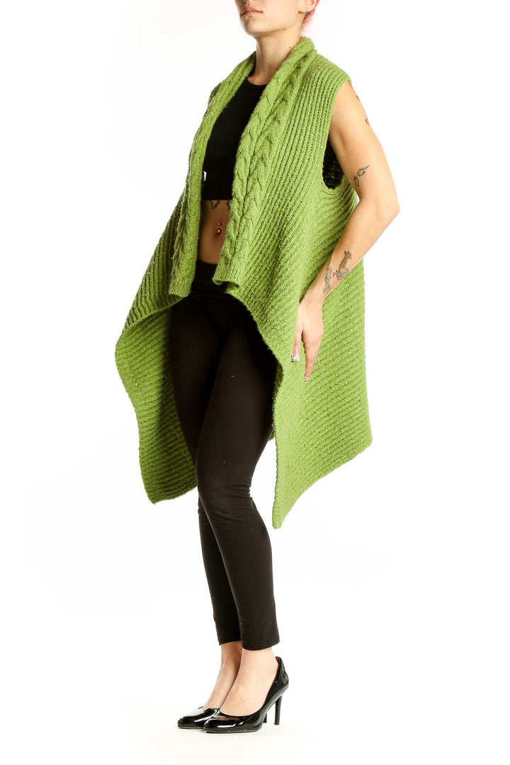 Front view of BCBG MaxAzria green sleeveless cable knit cardigan
