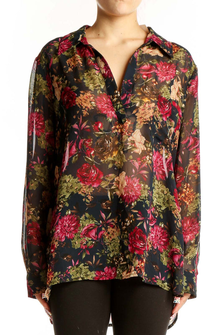 Front view of Pleione black floral sheer button-up blouse with red and pink flowers