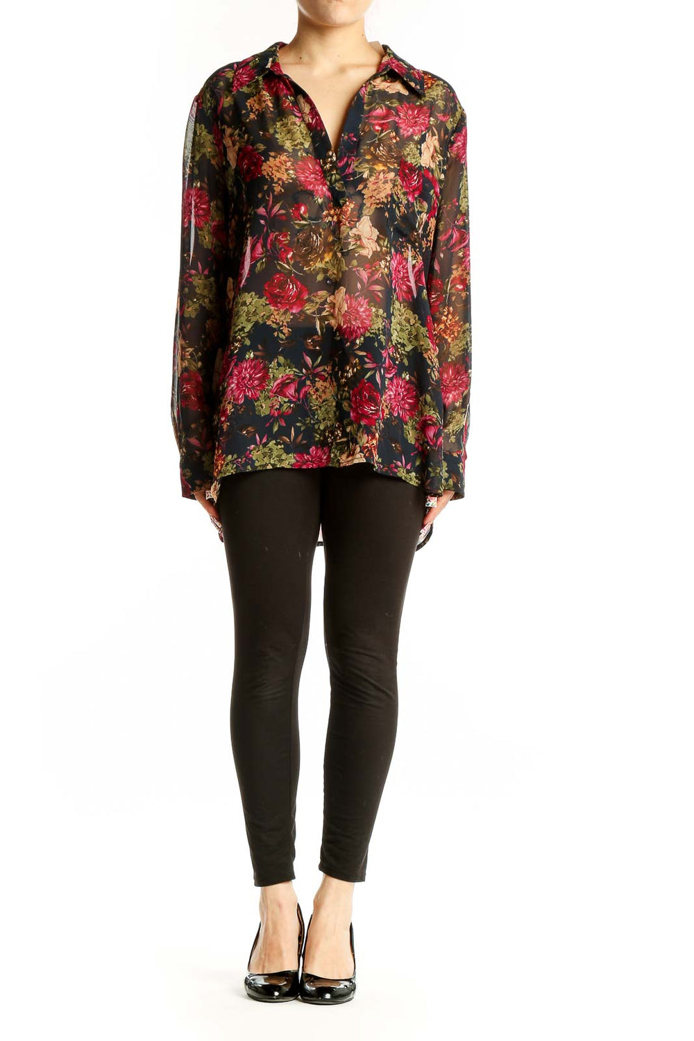 Front view of Pleione black floral sheer button-up blouse with red and pink flowers