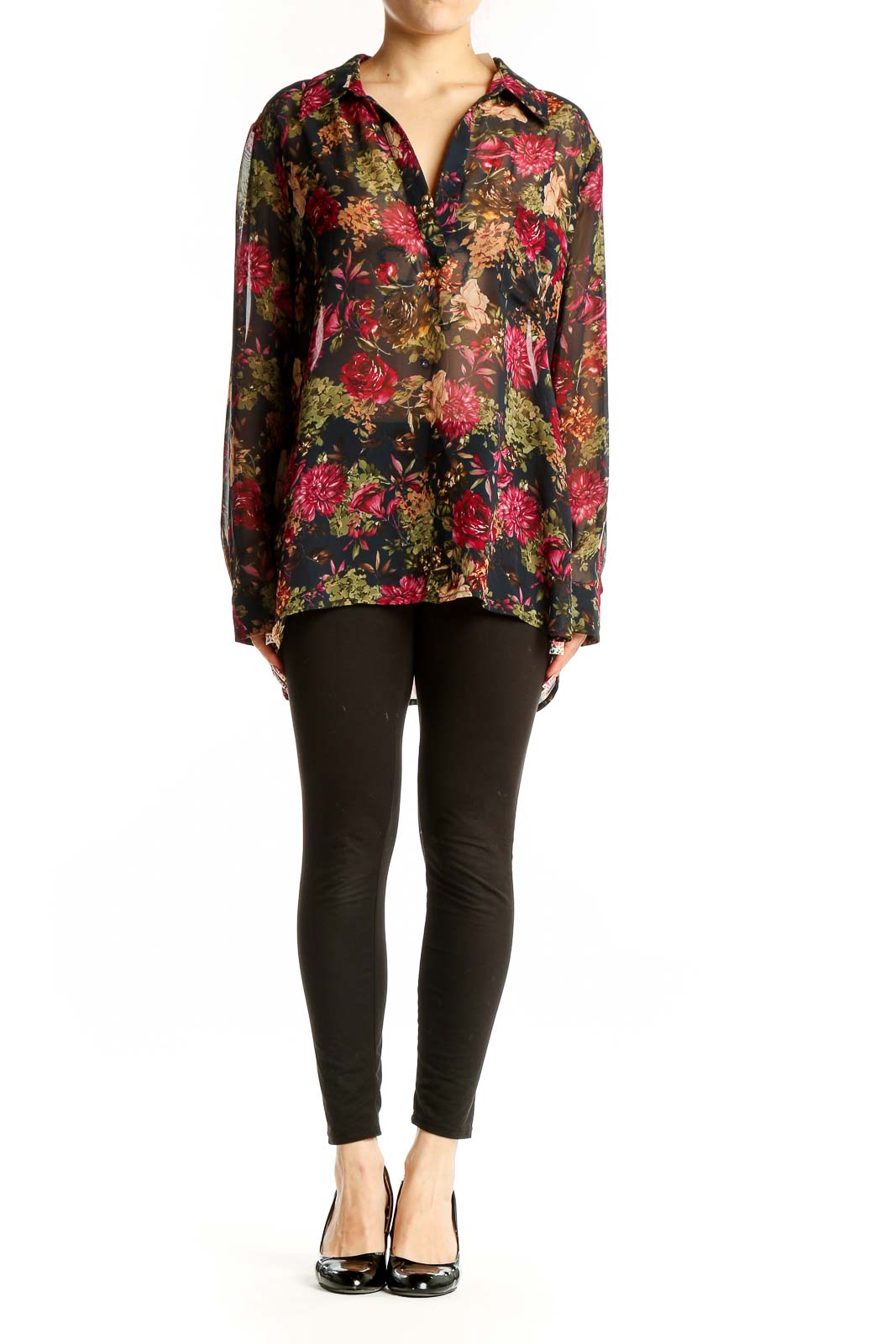 Front view of Pleione black floral sheer button-up blouse with red and pink flowers