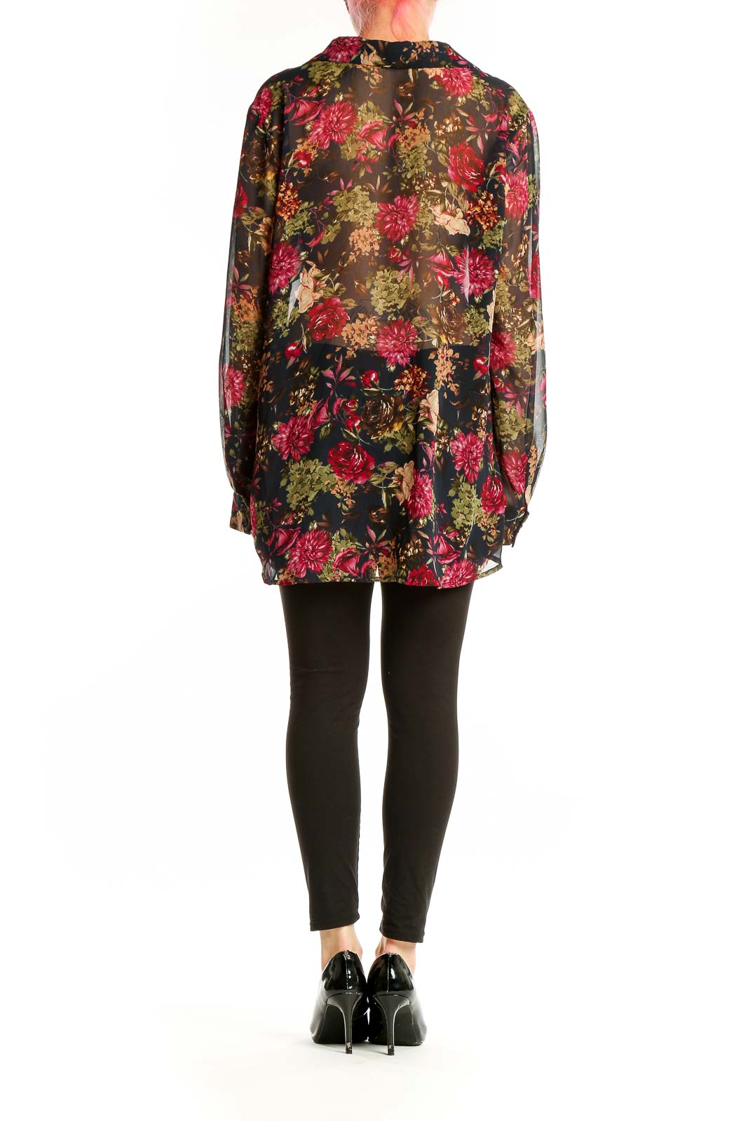 Back view of Pleione black floral sheer blouse showing full length and pattern