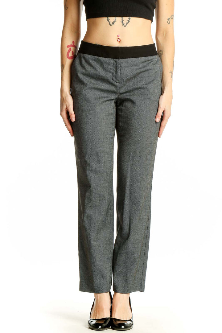 Front view of Express gray straight-leg dress pants with black waistband