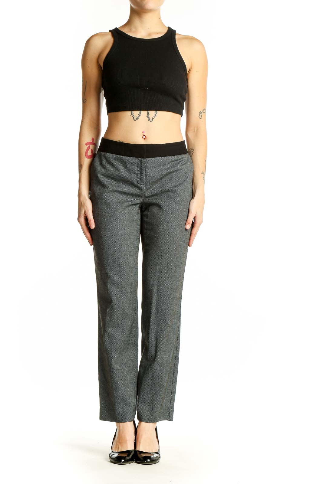 Front view of Express gray straight-leg dress pants with black waistband