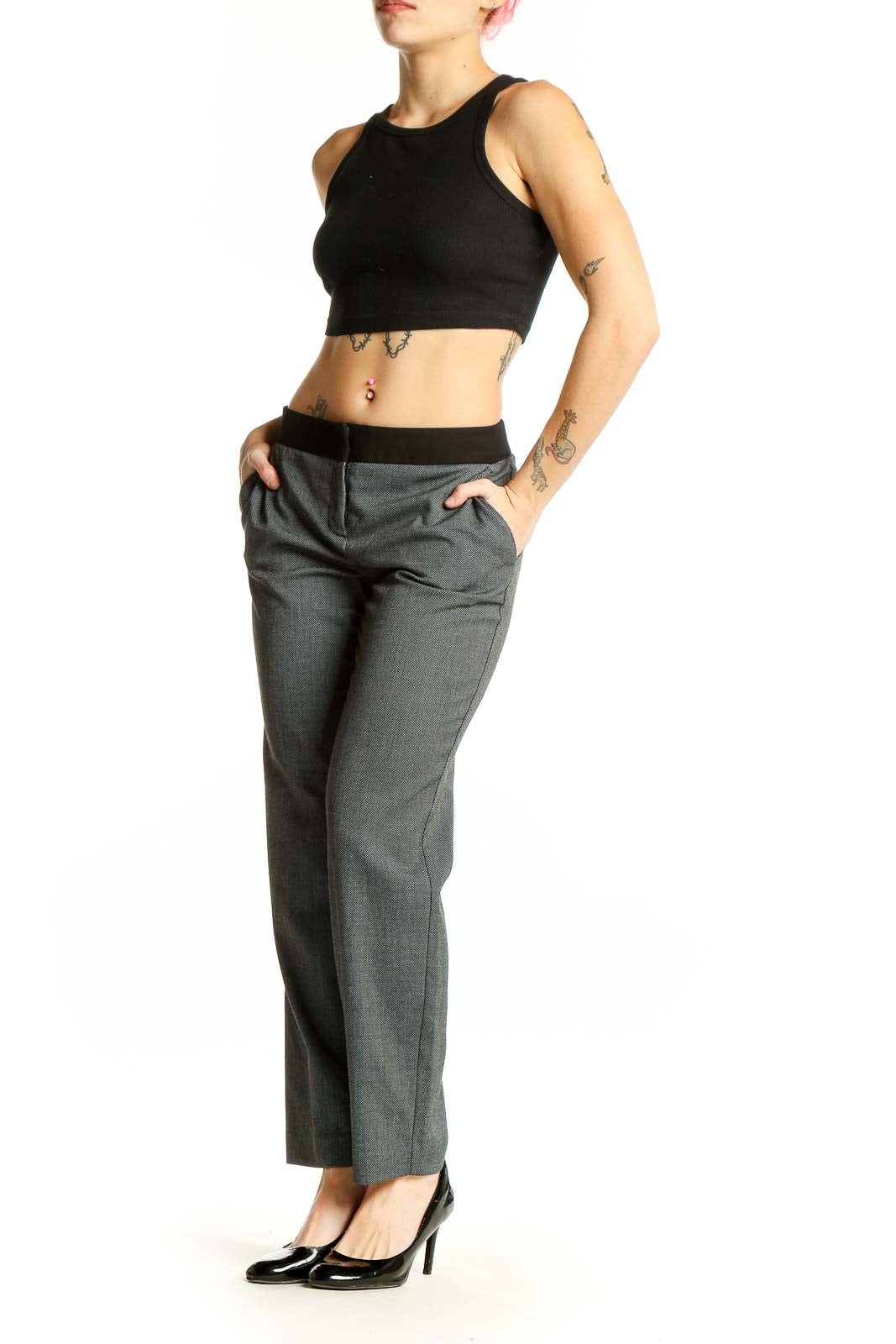 Front view of Express gray straight-leg dress pants with black waistband