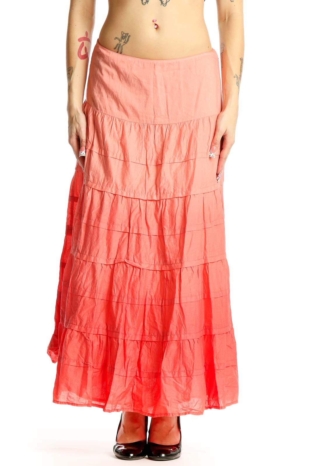 Front view of Jones New York coral tiered cotton maxi skirt