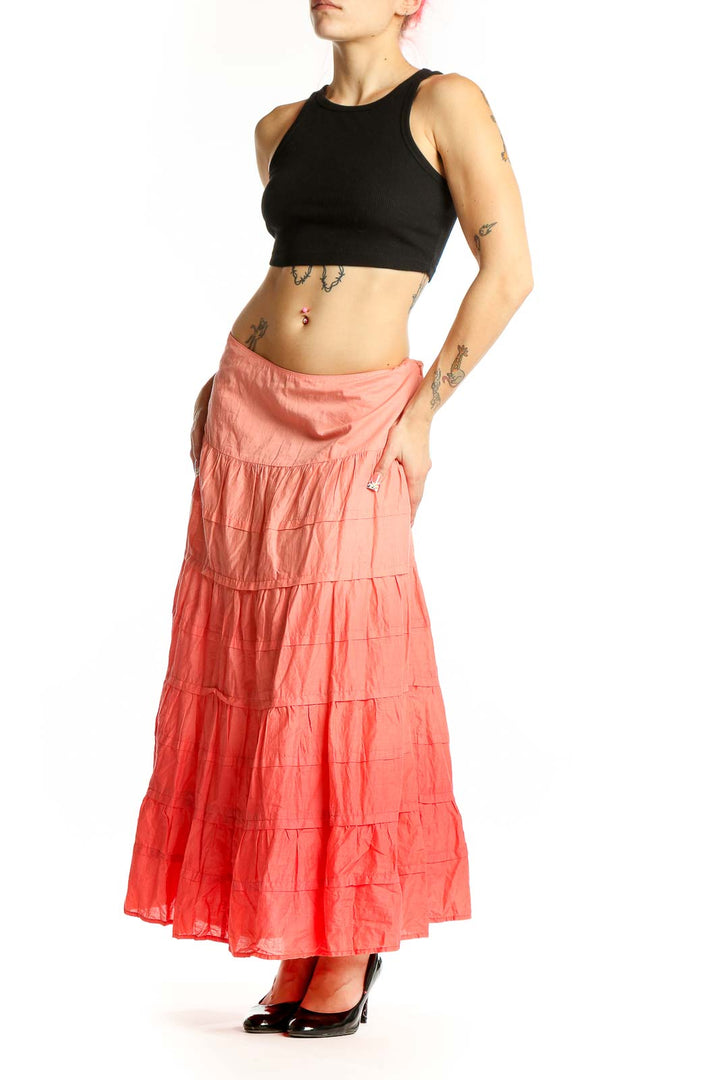 Front view of Jones New York coral tiered cotton maxi skirt