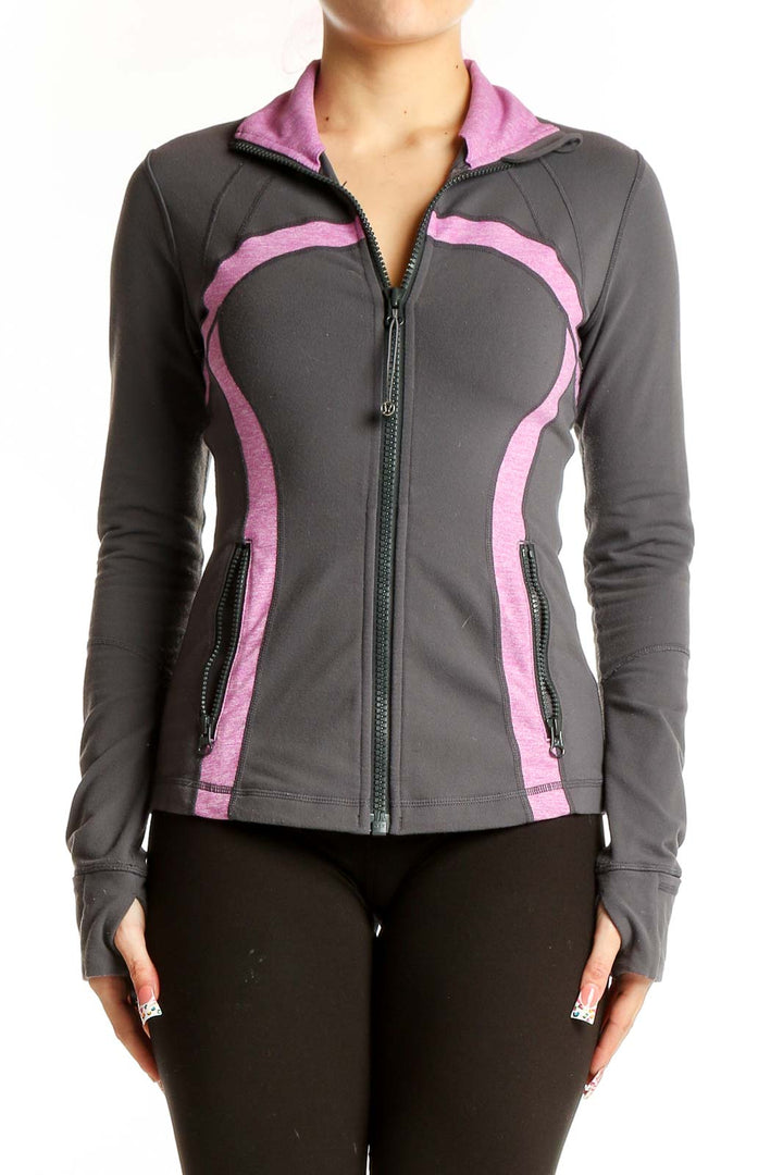 Front view of gray Lululemon athletic jacket with pink accents and full-zip closure