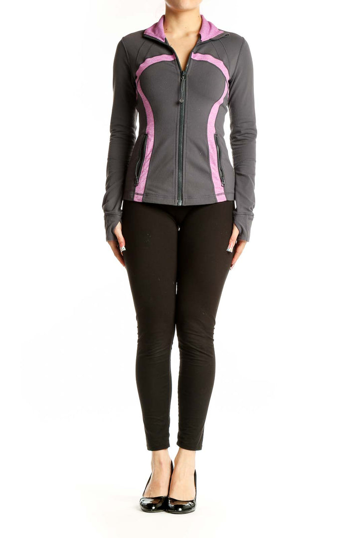 Front view of gray Lululemon athletic jacket with pink accents and full-zip closure