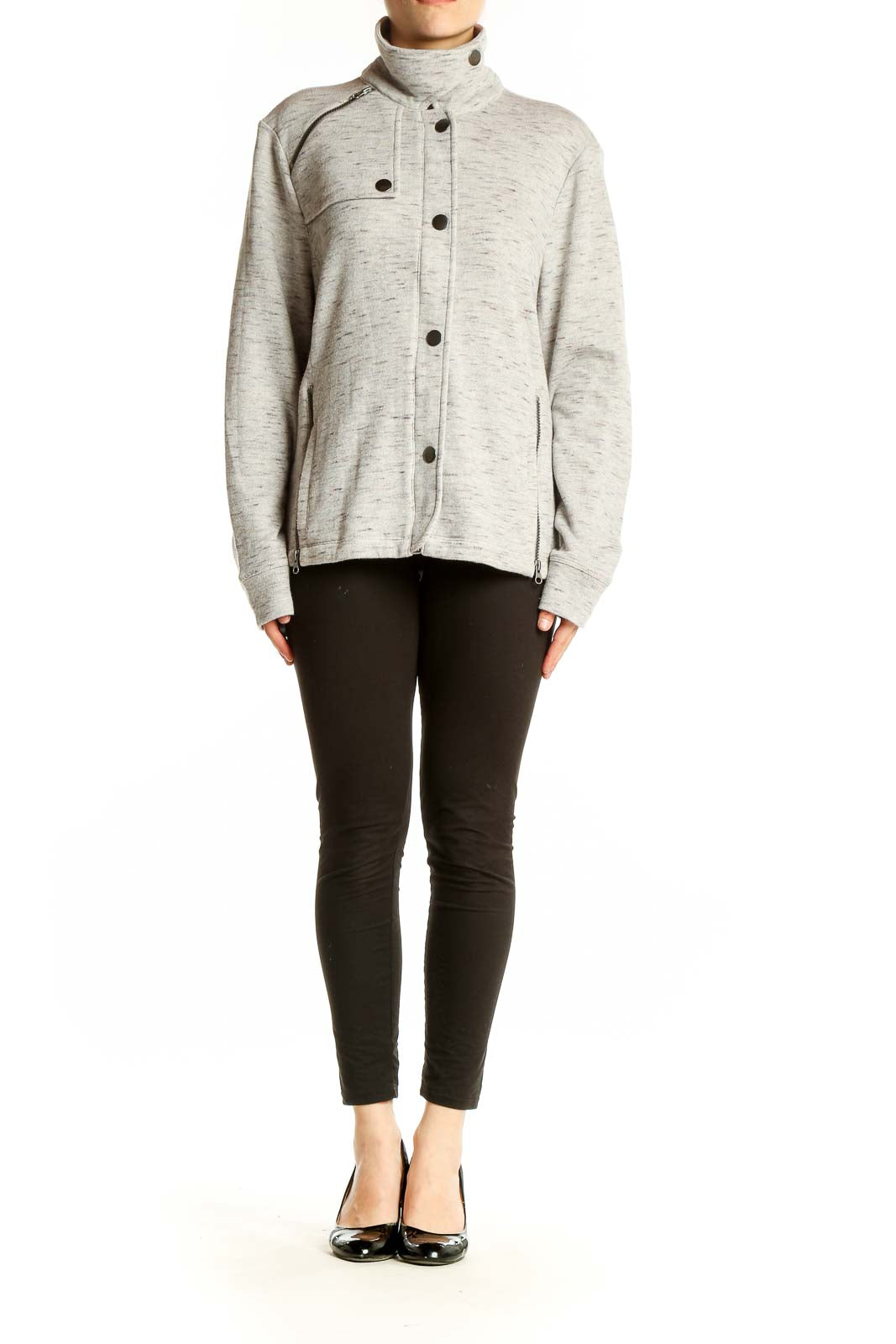 Front view of Cabi light gray cotton-blend zip-up jacket with snap buttons