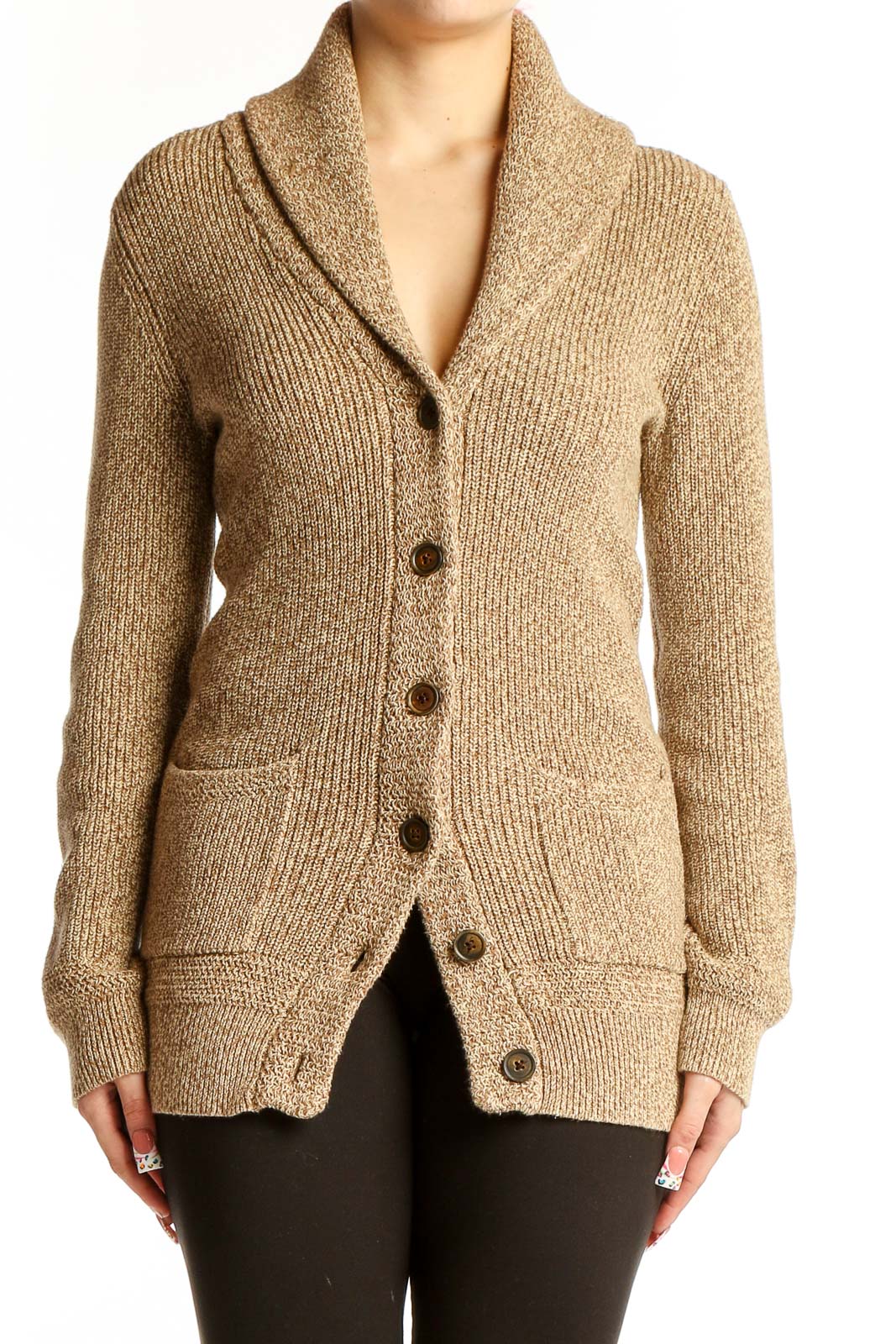 Front view of Lauren Ralph Lauren beige cotton shawl collar cardigan