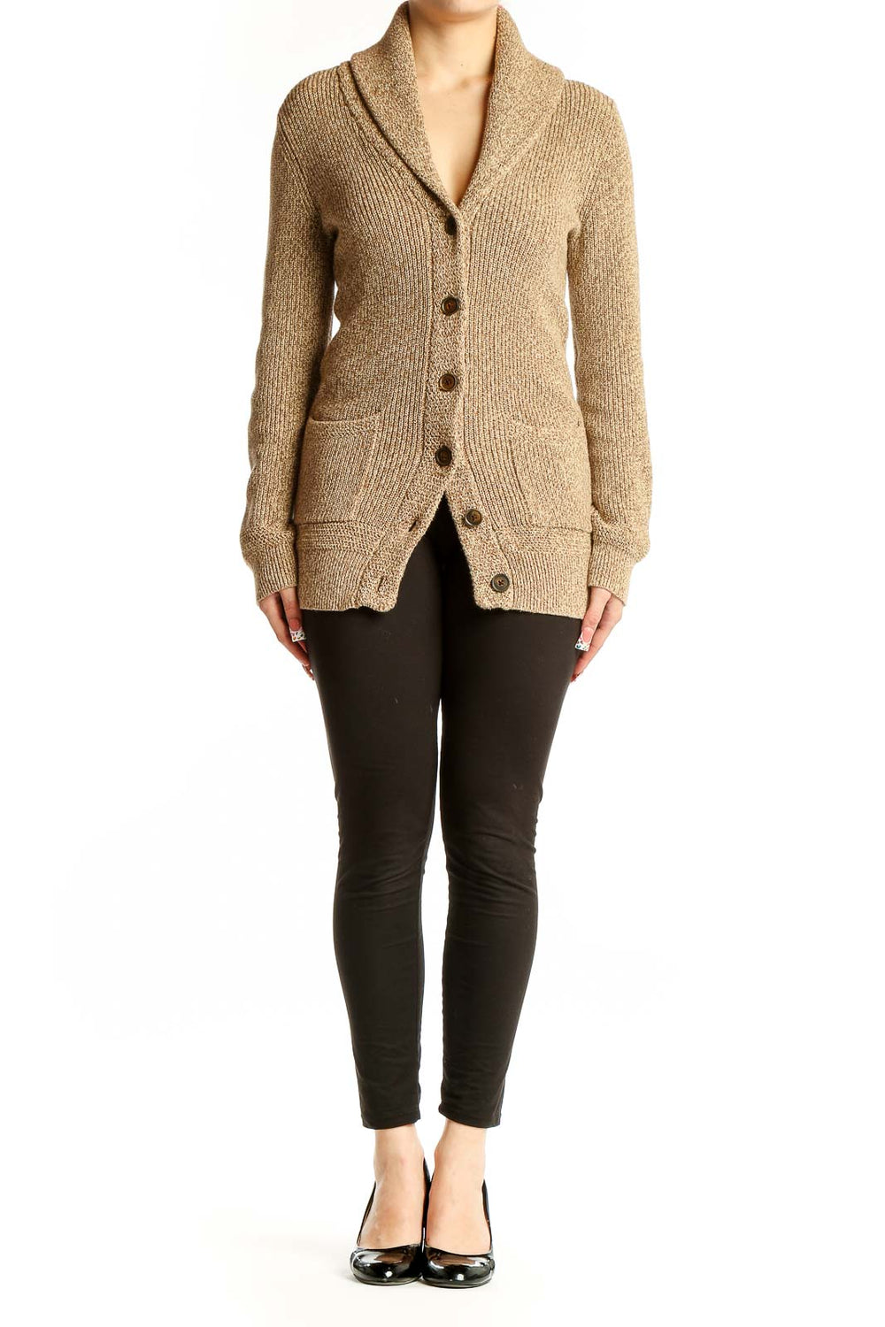 Front view of Lauren Ralph Lauren beige cotton shawl collar cardigan