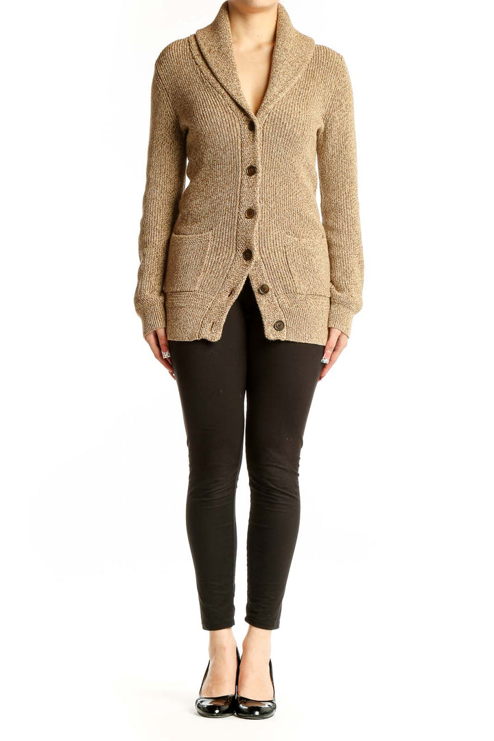 Front view of Lauren Ralph Lauren beige cotton shawl collar cardigan