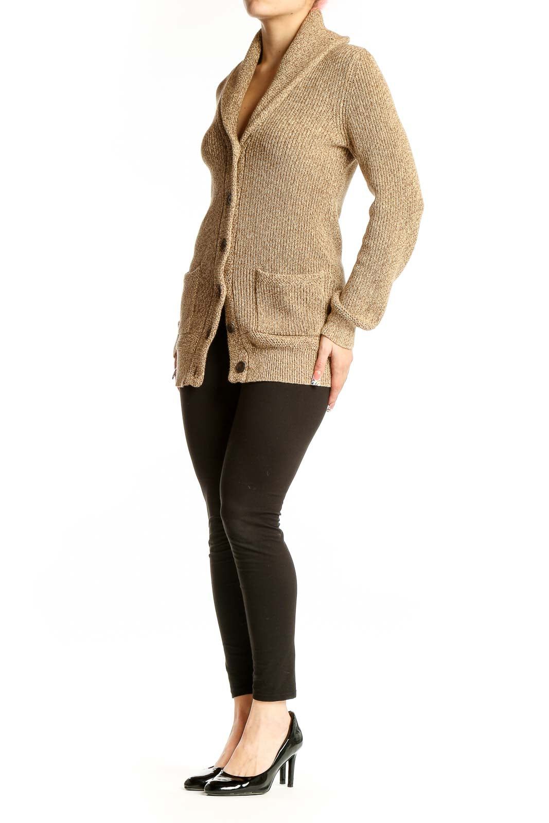 Front view of Lauren Ralph Lauren beige cotton shawl collar cardigan