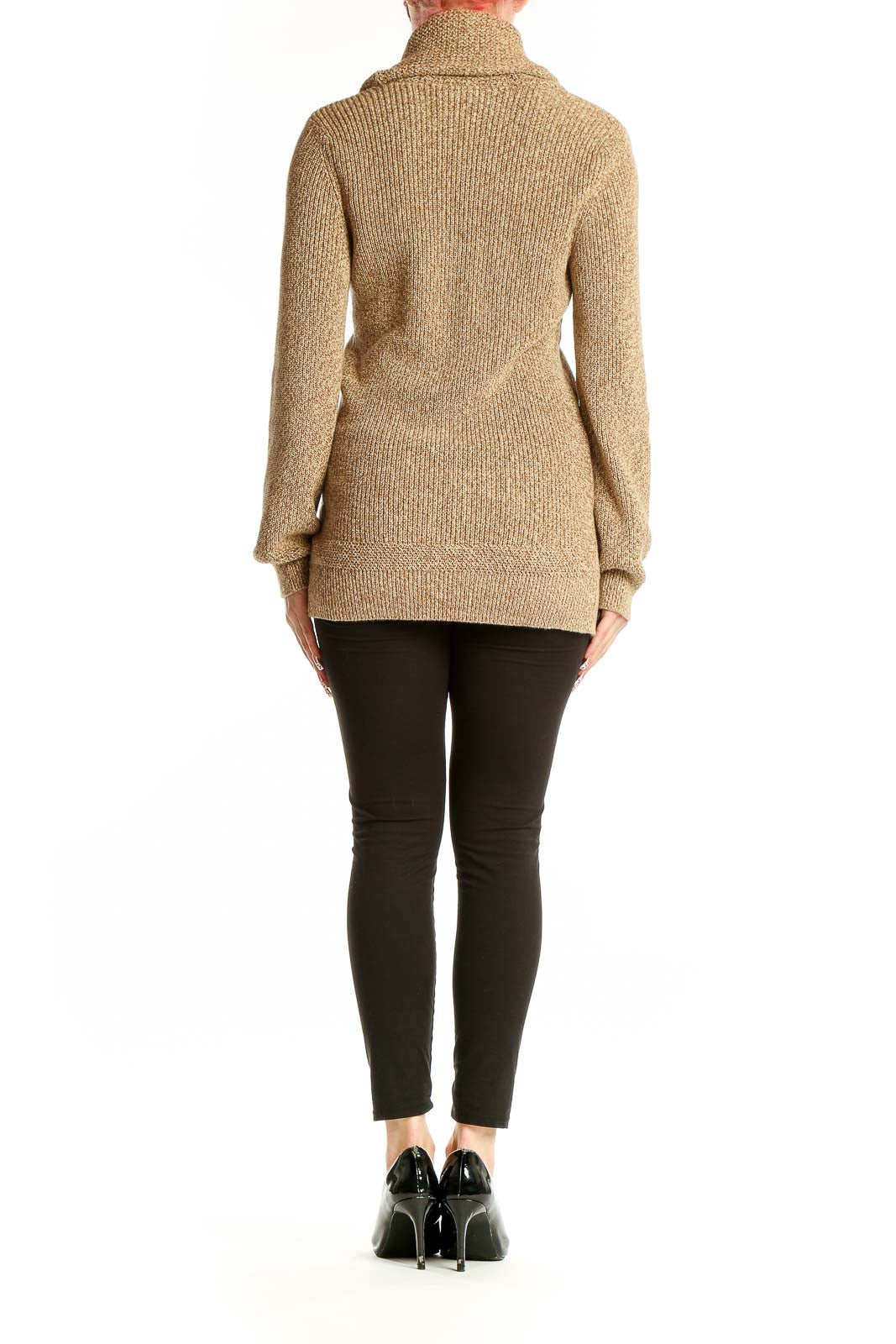 Side view of Lauren Ralph Lauren beige cotton shawl collar cardigan on model