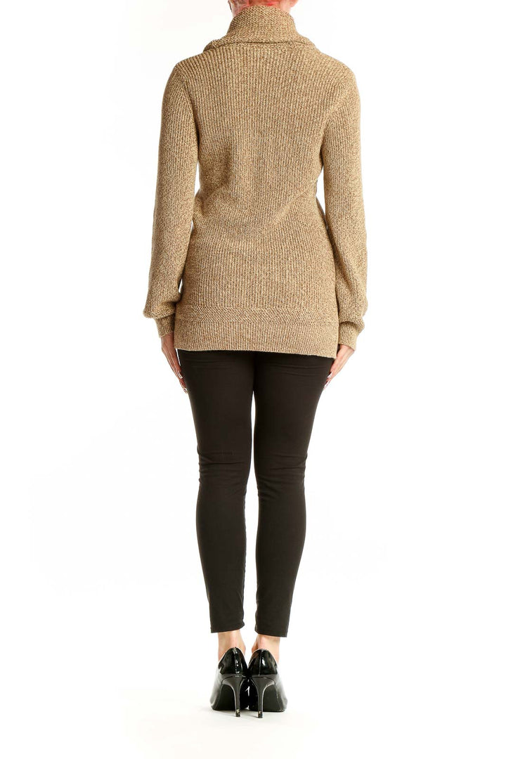 Side view of Lauren Ralph Lauren beige cotton shawl collar cardigan on model