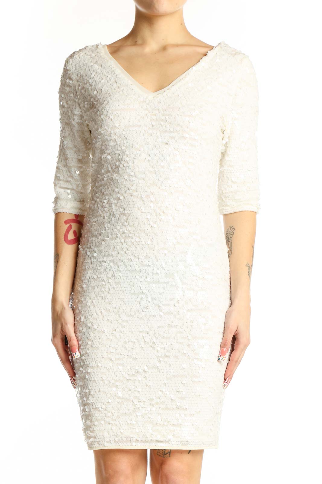 Front view of white textured bodycon dress by BCBG MaxAzria