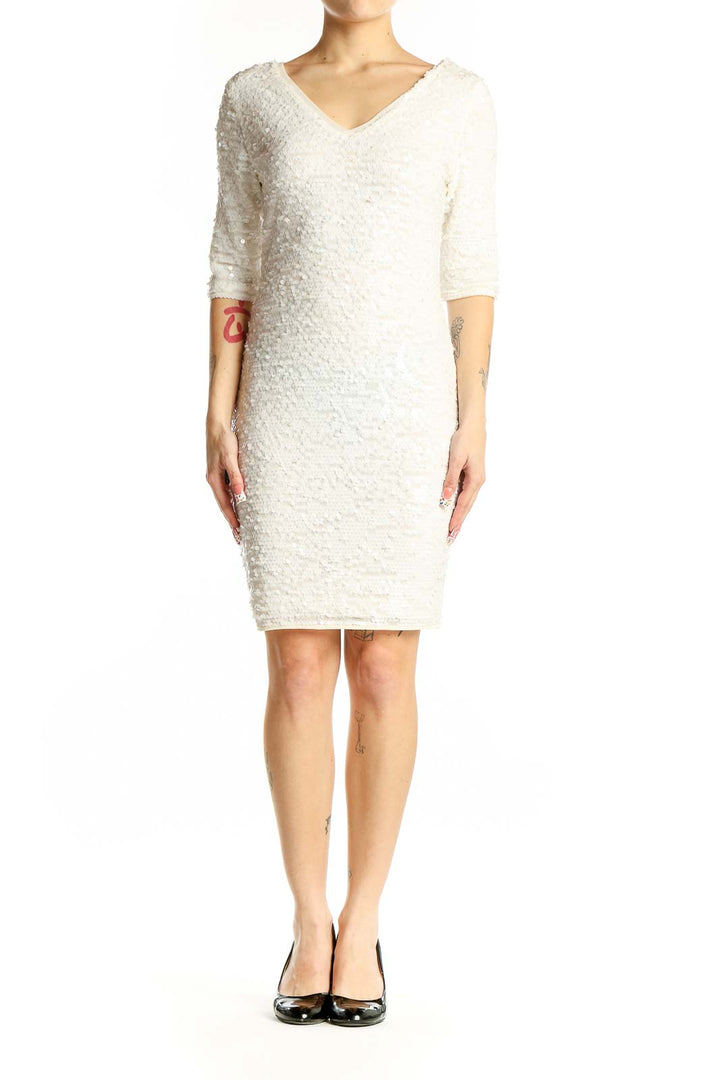 Front view of white textured bodycon dress by BCBG MaxAzria