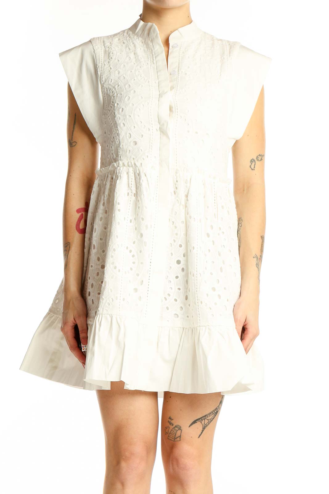 Front view of Love Bonito white eyelet cotton mini dress with mandarin collar