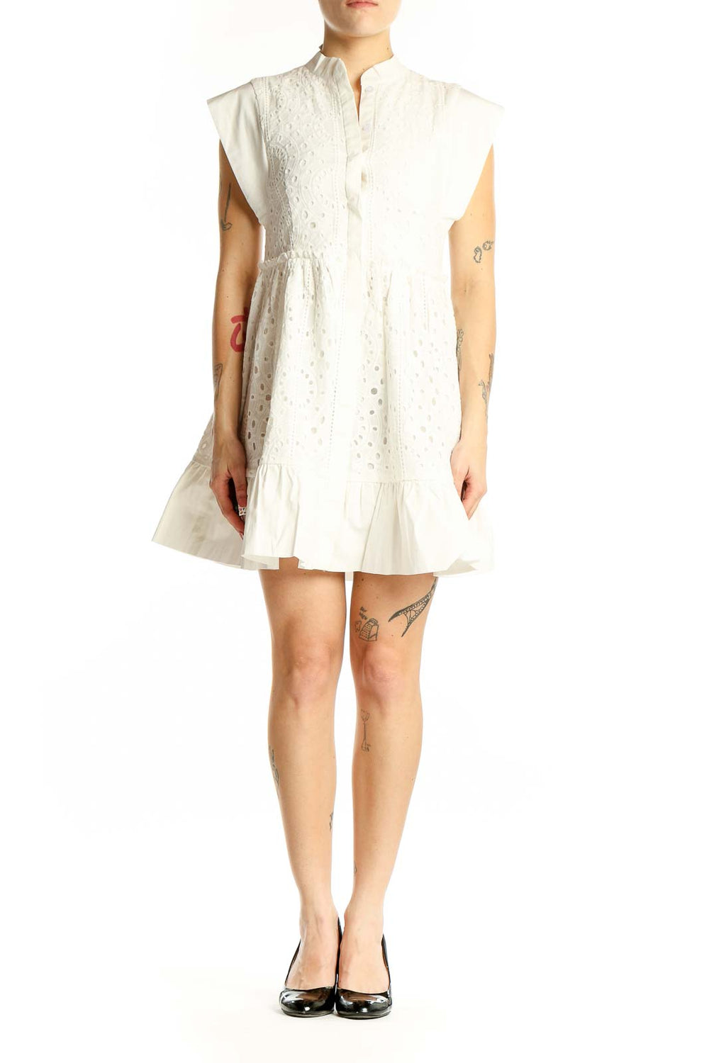 Front view of Love Bonito white eyelet cotton mini dress with mandarin collar