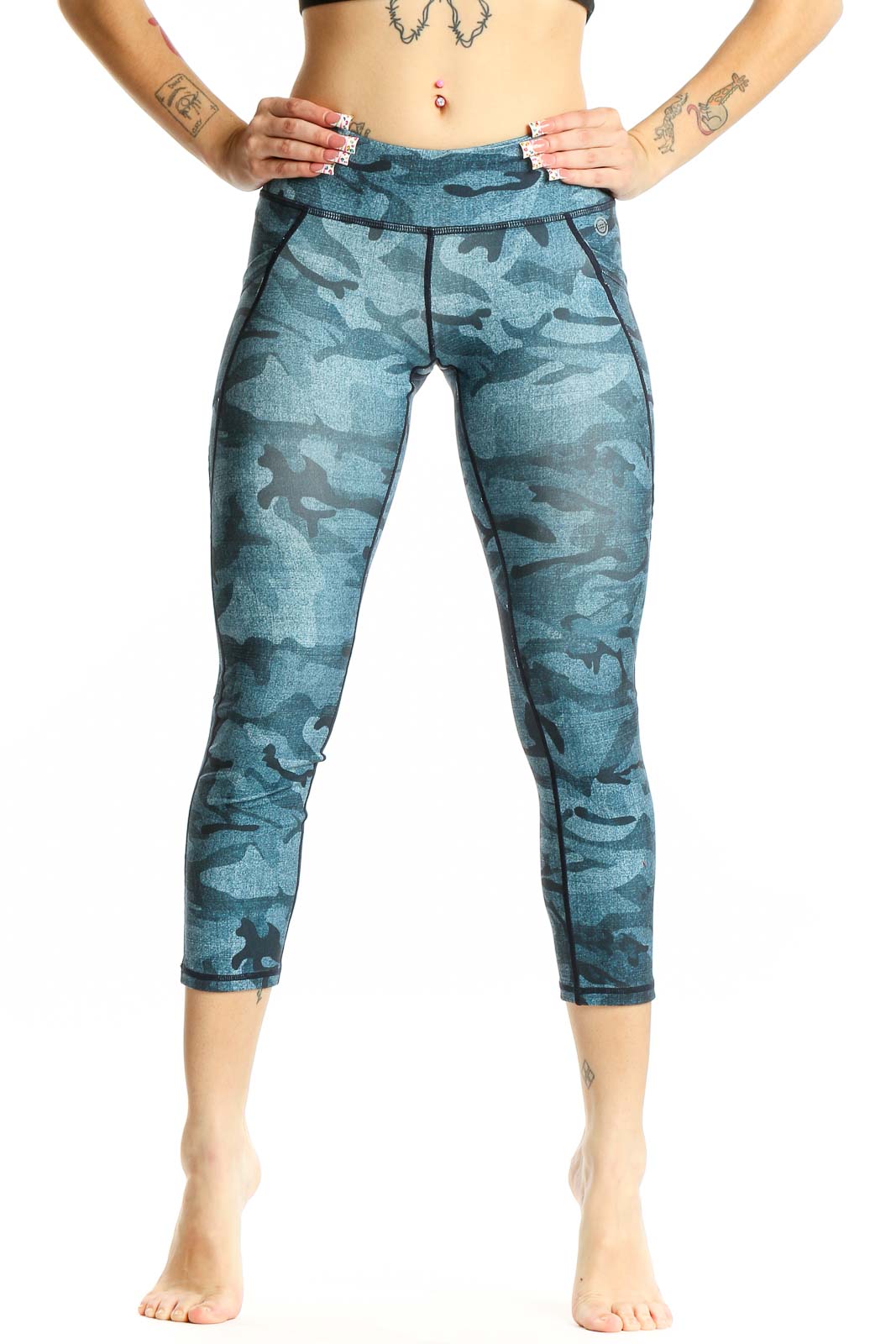Front view of blue camo print capri leggings from Max Studio
