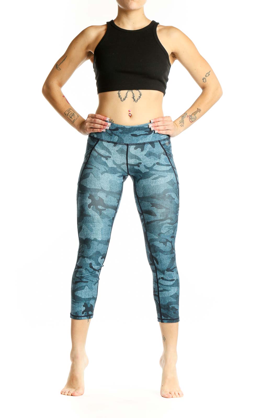 Front view of blue camo print capri leggings from Max Studio