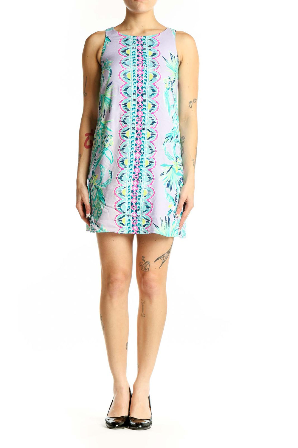 Front view of Lilly Pulitzer lavender mini dress with tropical floral print and geometric center panel