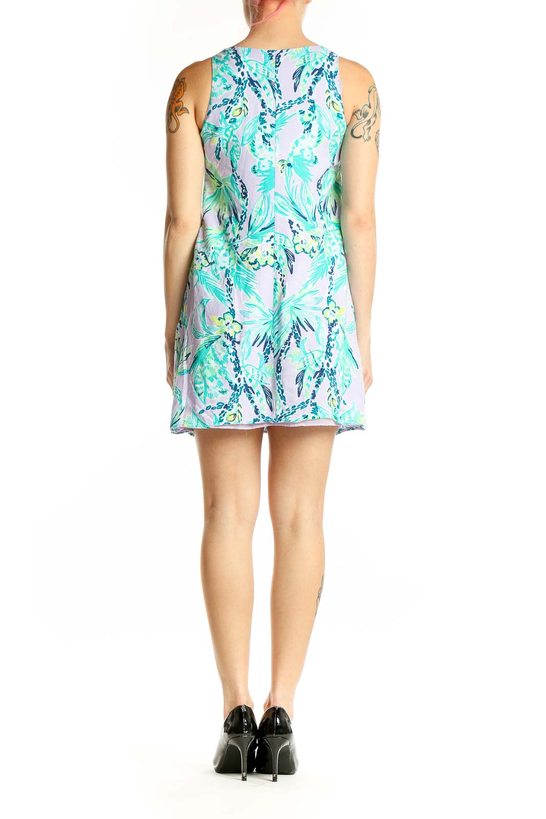 Side view of Lilly Pulitzer lavender mini dress showing sleeveless design and floral pattern