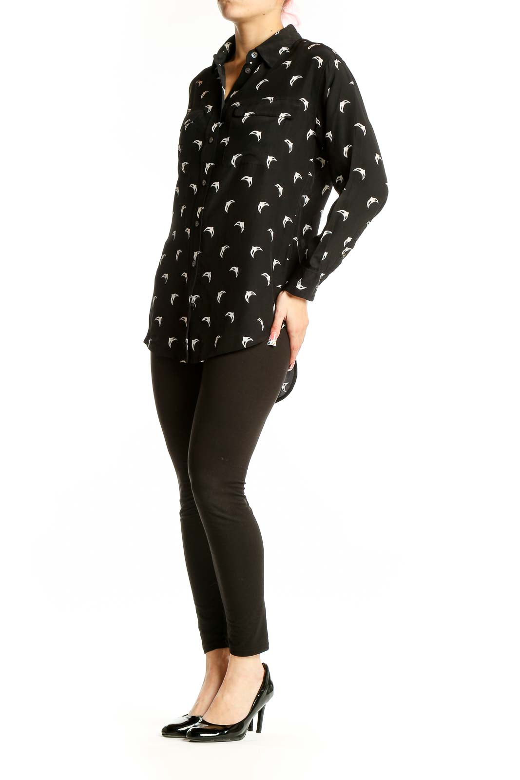 Front view of Equipment Femme black silk shirt with white dolphin print