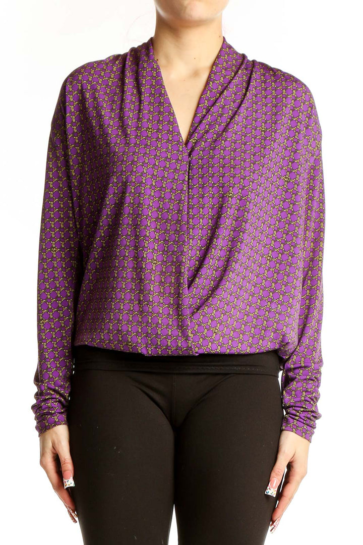 Front view of MICHAEL Michael Kors purple geometric print wrap blouse