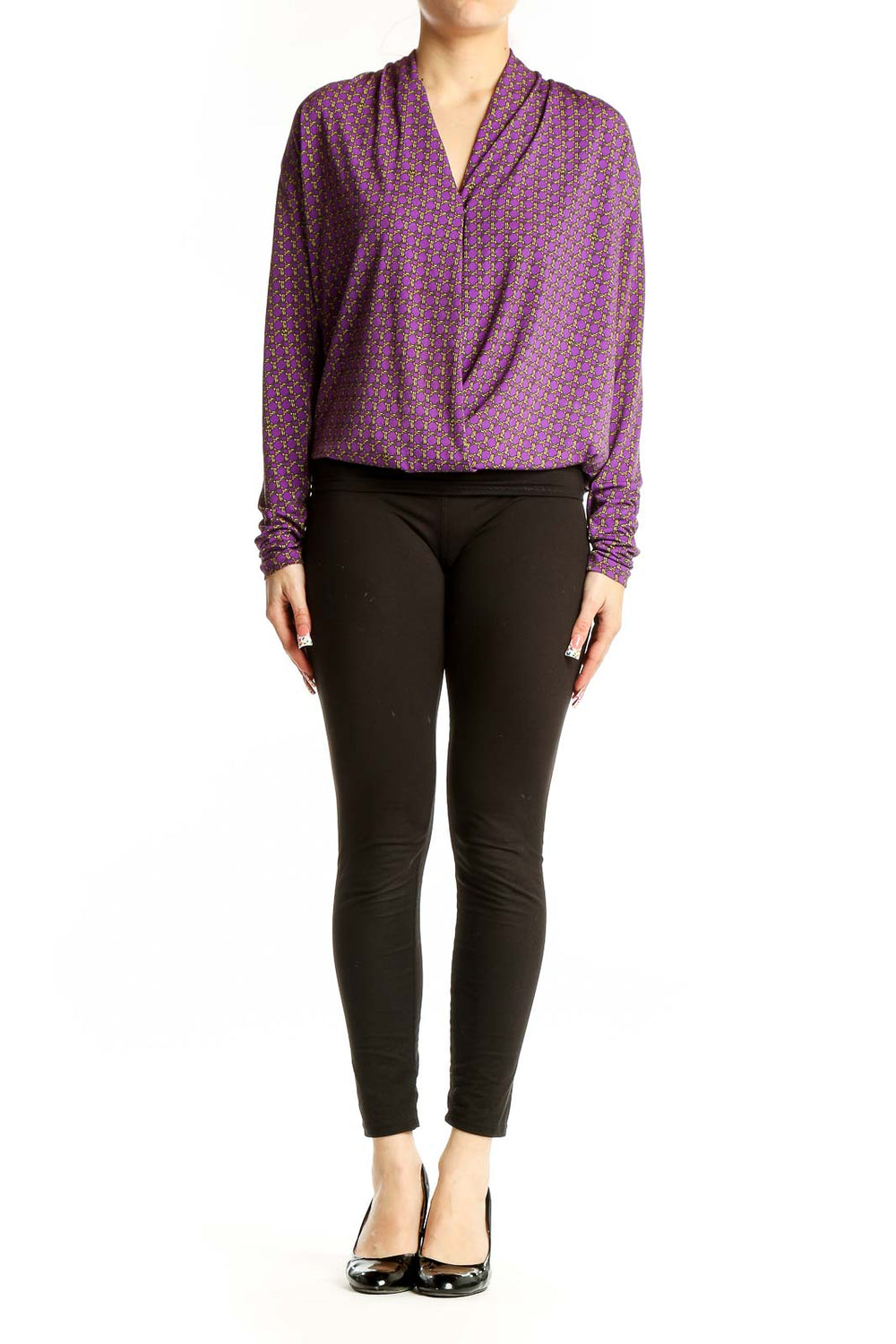 Front view of MICHAEL Michael Kors purple geometric print wrap blouse